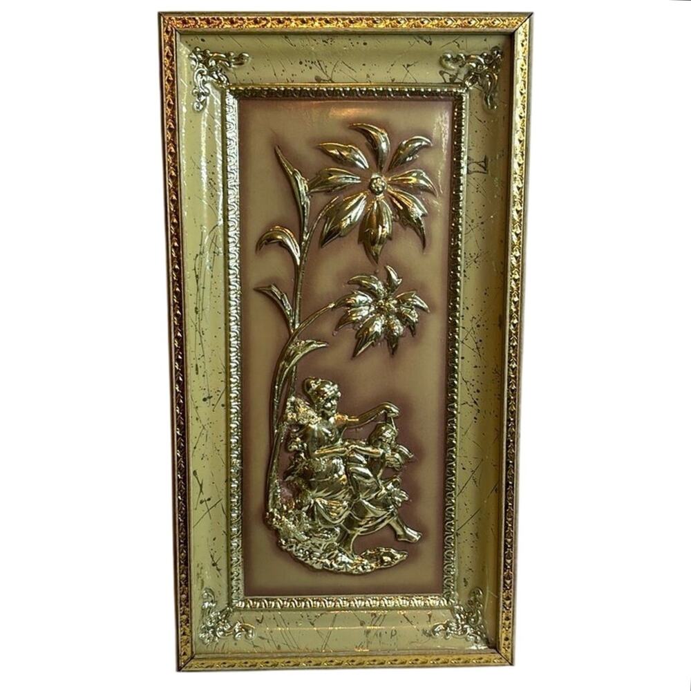 Vintage Dimension III Four Seasons Winter Wall Plaque Cupid Gold Tone MCM 8x15